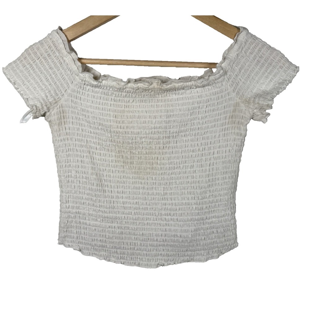 Abercrombie White Smocked Crop Top Off Shoulder Ruffle Lettuce Edge Ribbed S